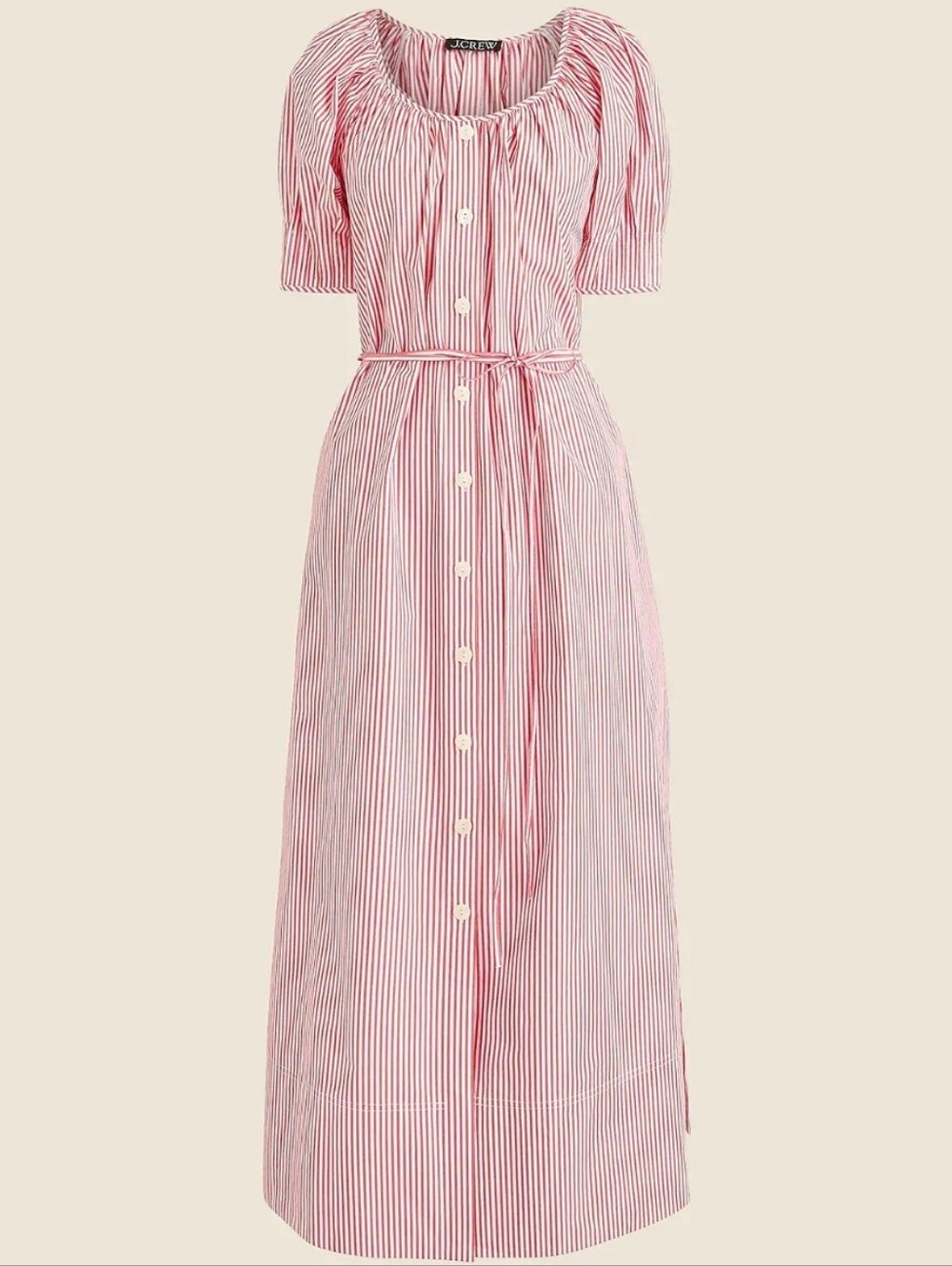 J. Crew Red and White Striped Button-Front Midi Dress